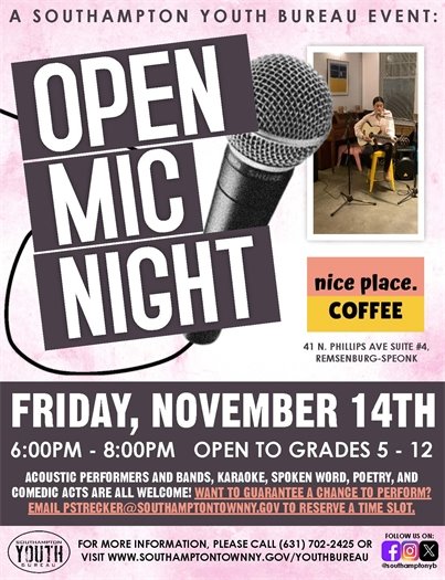 JOIN US for Youth Bureau's Open Mic Night at Nice Place Coffee on Nov 14