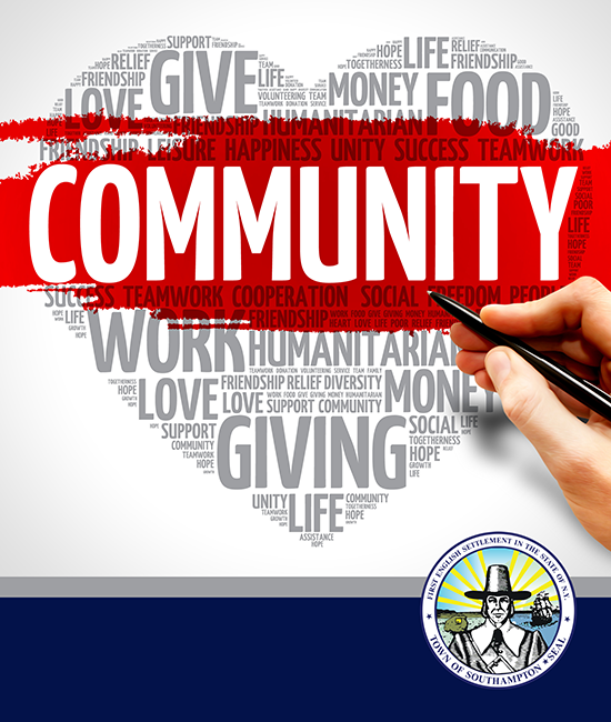 Collage of words such as, Community, Giving, Food in a heart shape