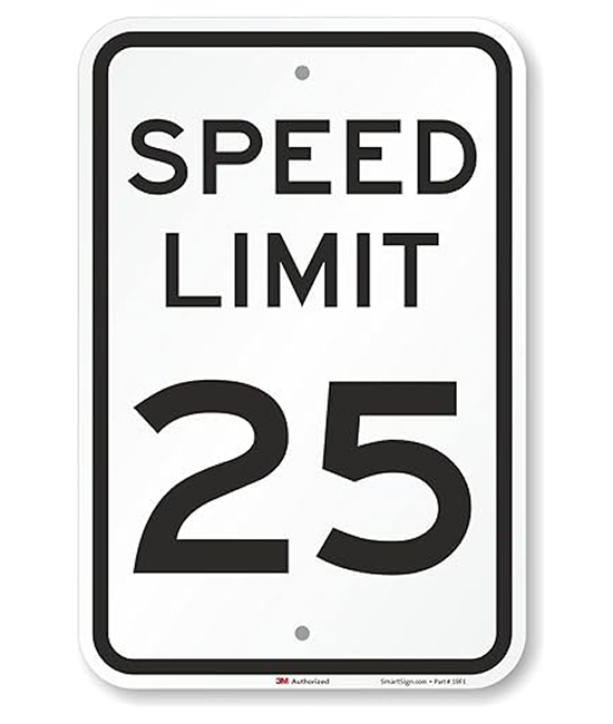 Black and white speed limit sign showing 25 miles per hour speed limit. 