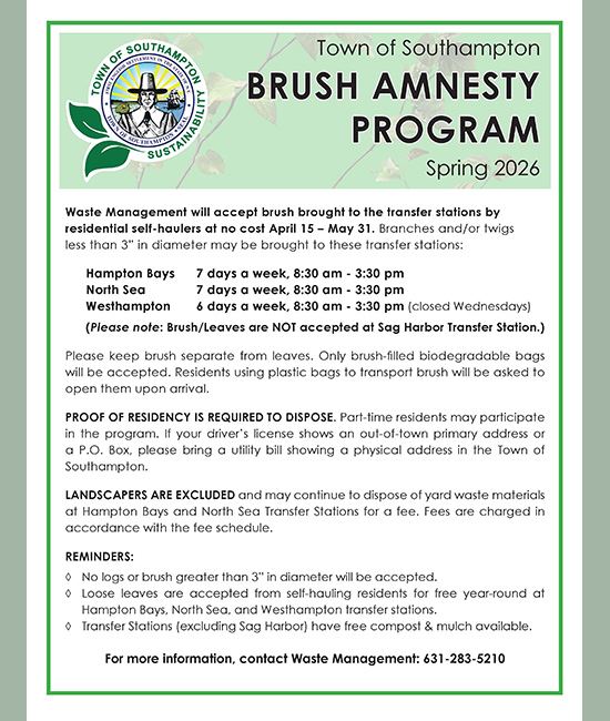 Brush Amnesty runs April 15 - May 31, 2026, at HB, Westhampton, and North Sea Transfer Stations