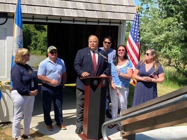 Rick Martel speaking at the restored barn